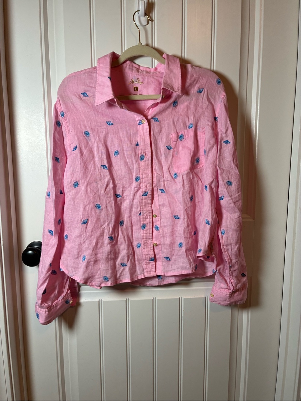 Lilly Pulitzer Pink Button-Down Shirt with Blue Floral Embroidery
